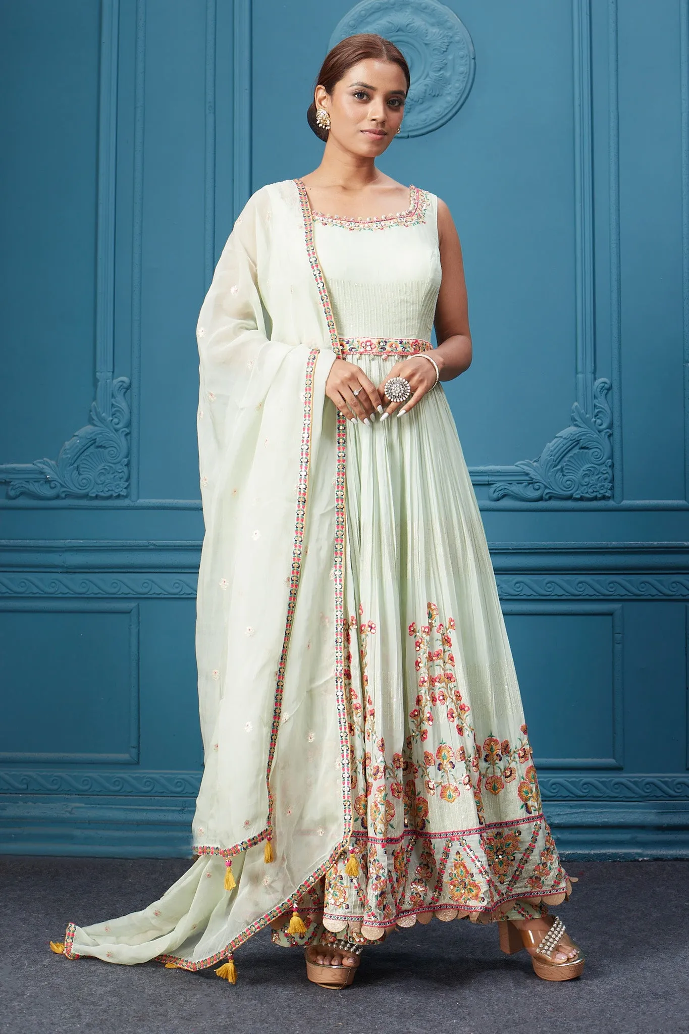 510046 Pastel Green Embroidered Anarkali Suit Set