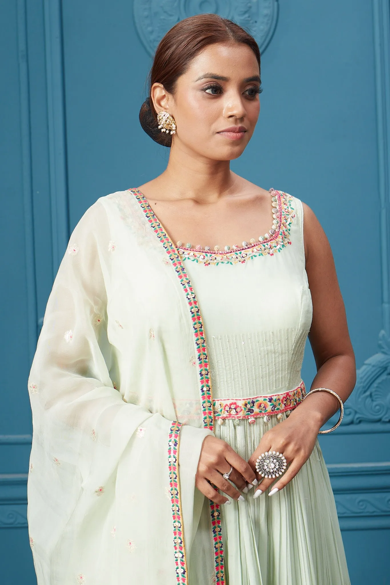 510046 Pastel Green Embroidered Anarkali Suit Set