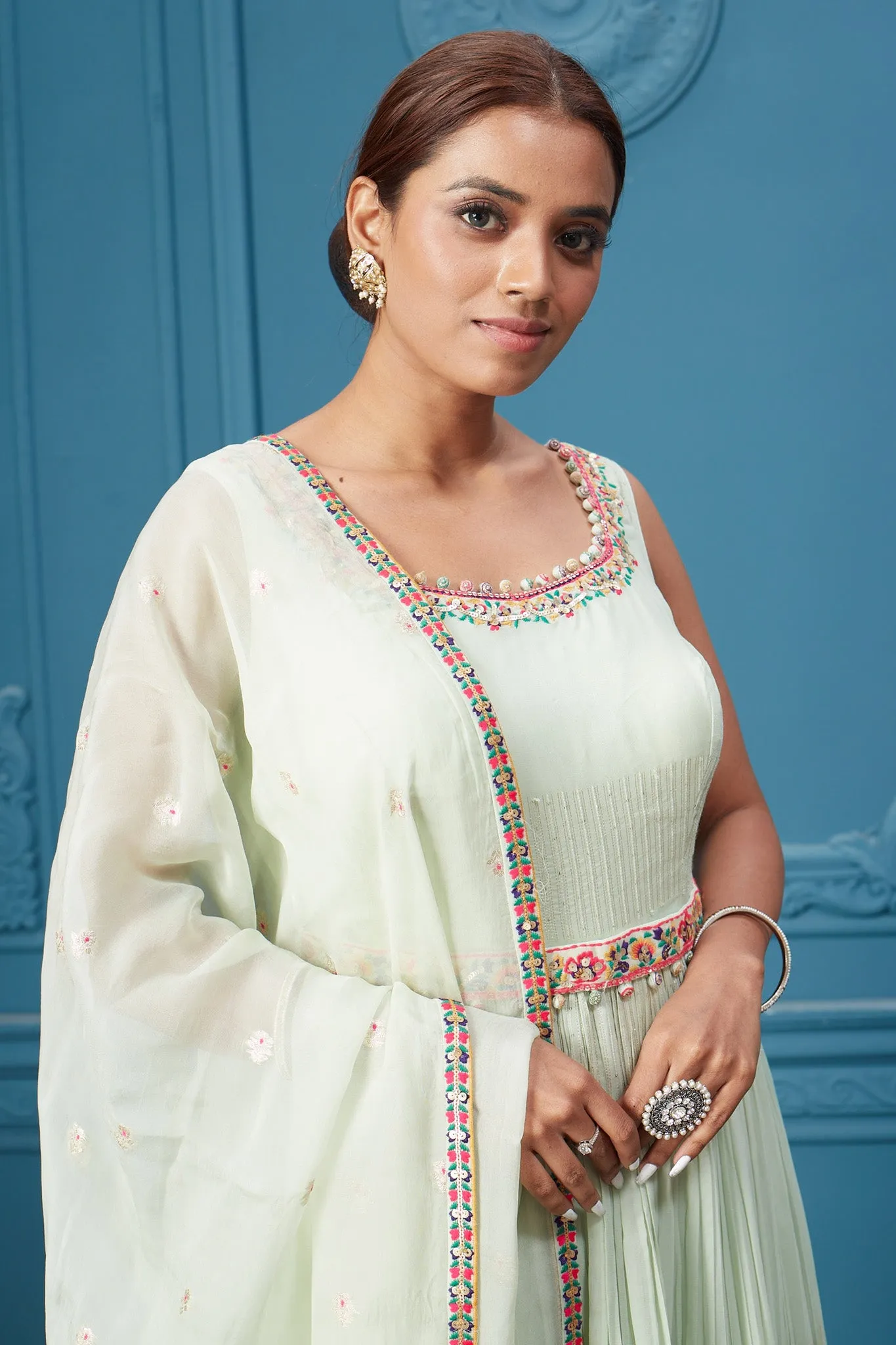 510046 Pastel Green Embroidered Anarkali Suit Set