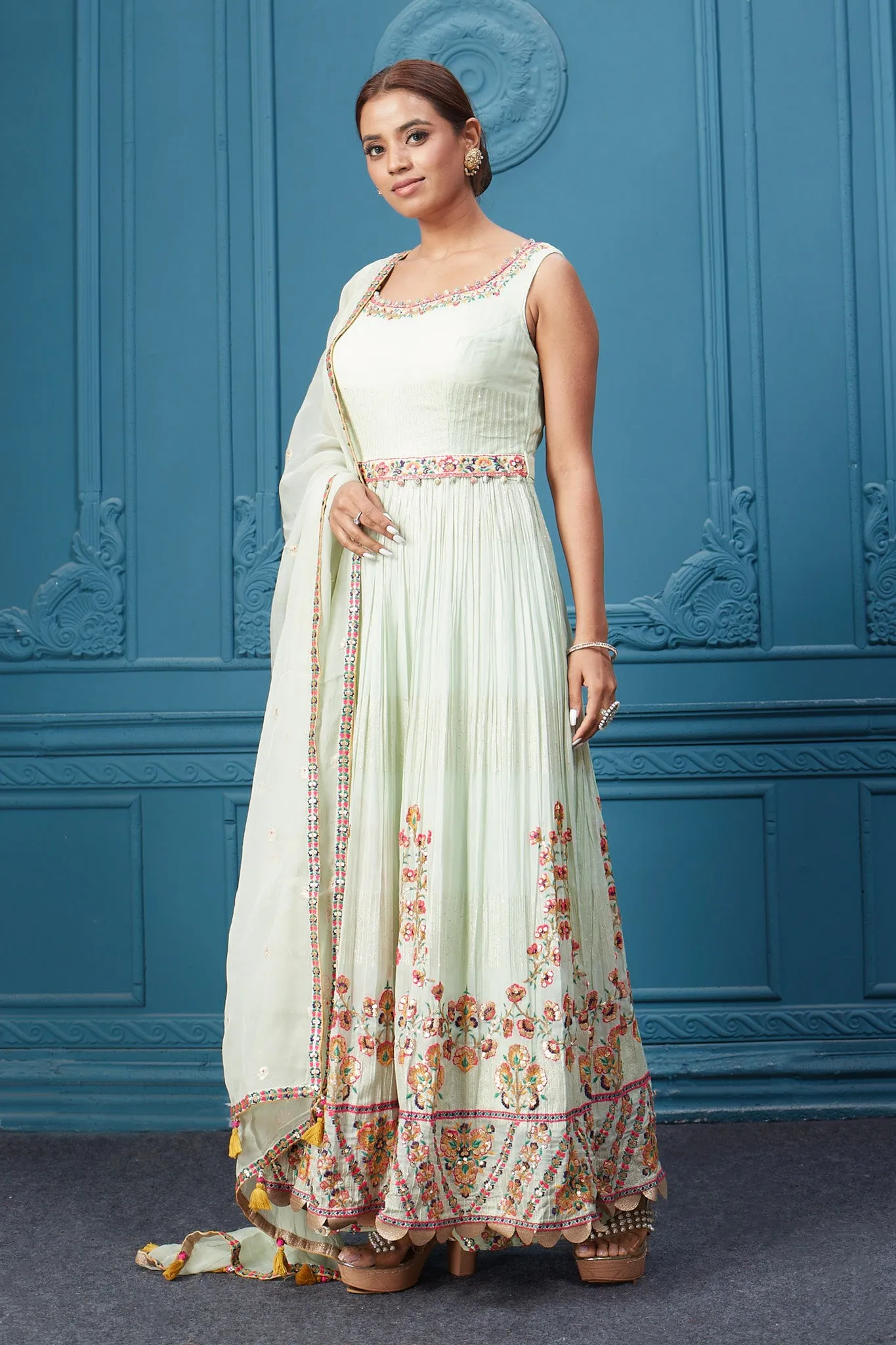 510046 Pastel Green Embroidered Anarkali Suit Set