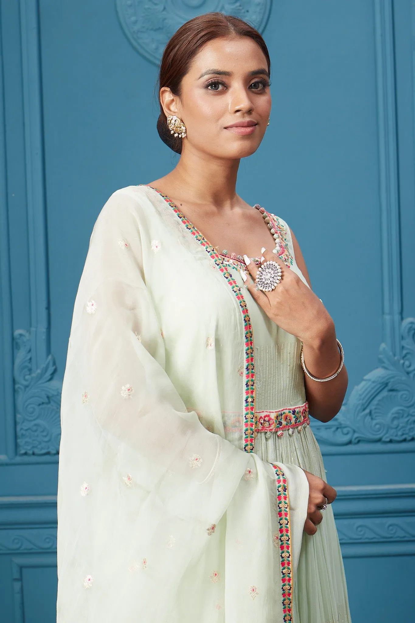 510046 Pastel Green Embroidered Anarkali Suit Set