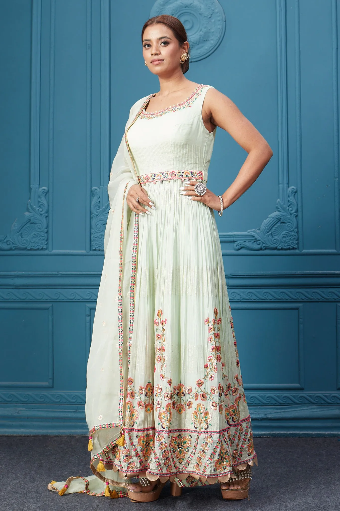 510046 Pastel Green Embroidered Anarkali Suit Set