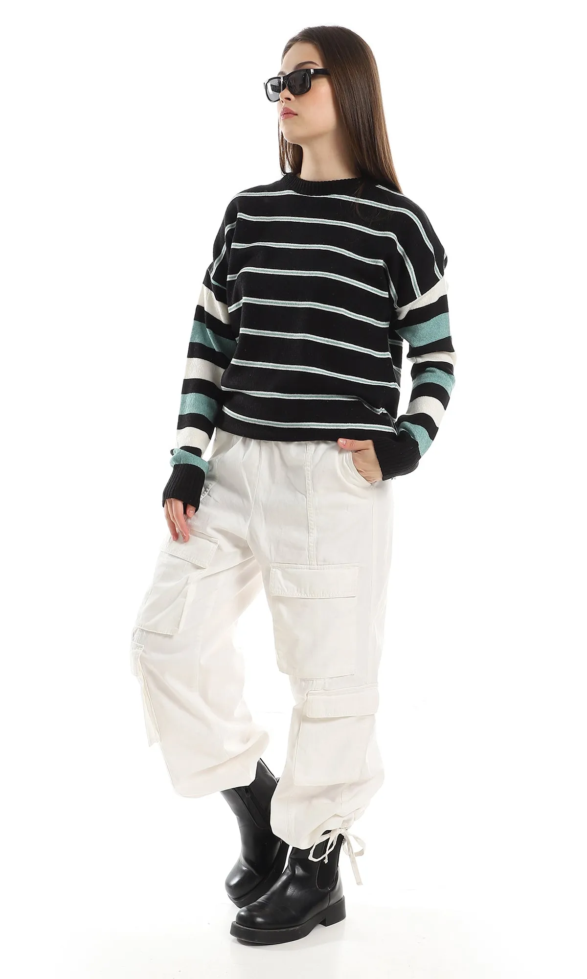 O160299 Striped Oversize Knitted Black , Green & Off White Pullover