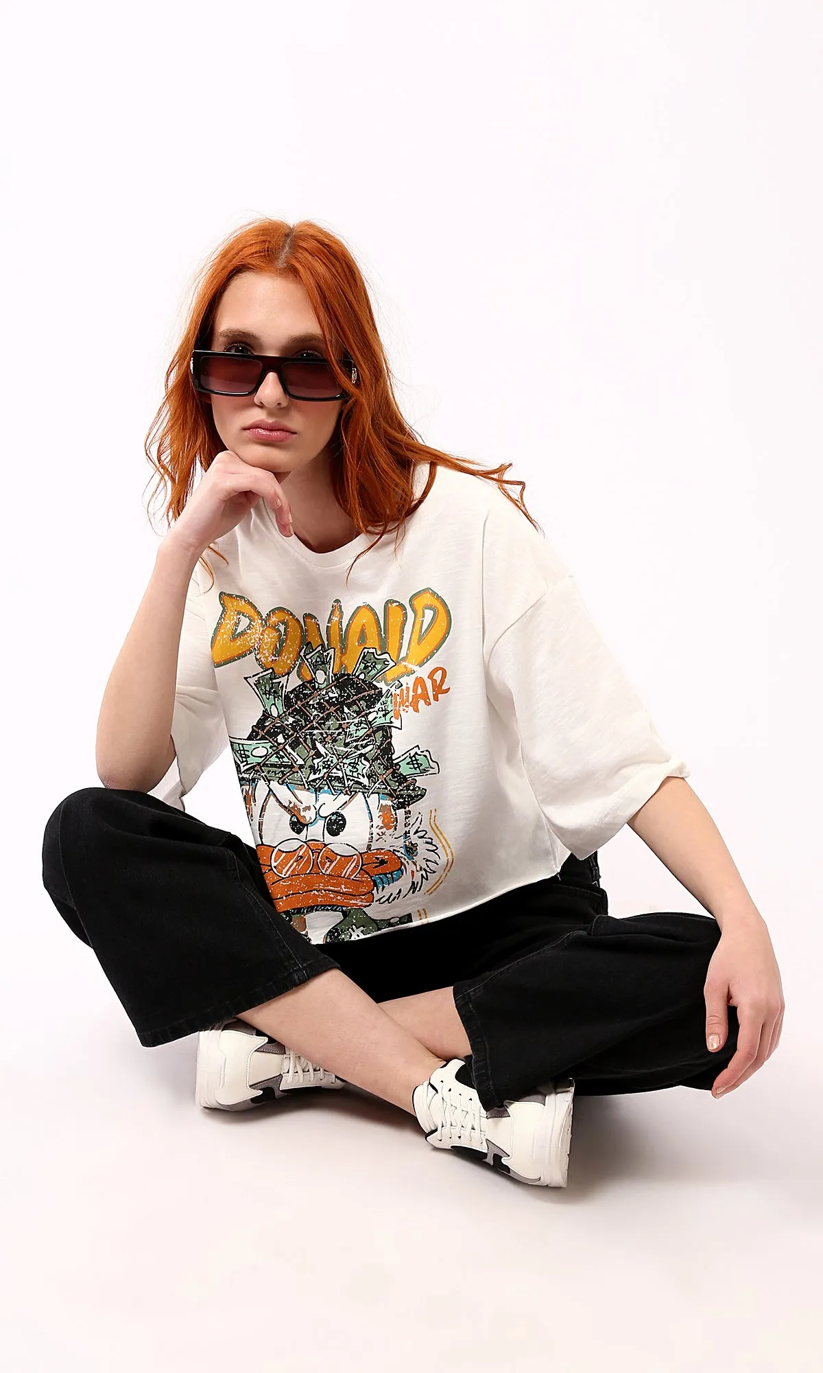 O181685 Donald Print Off-White Tee With Crew Neck