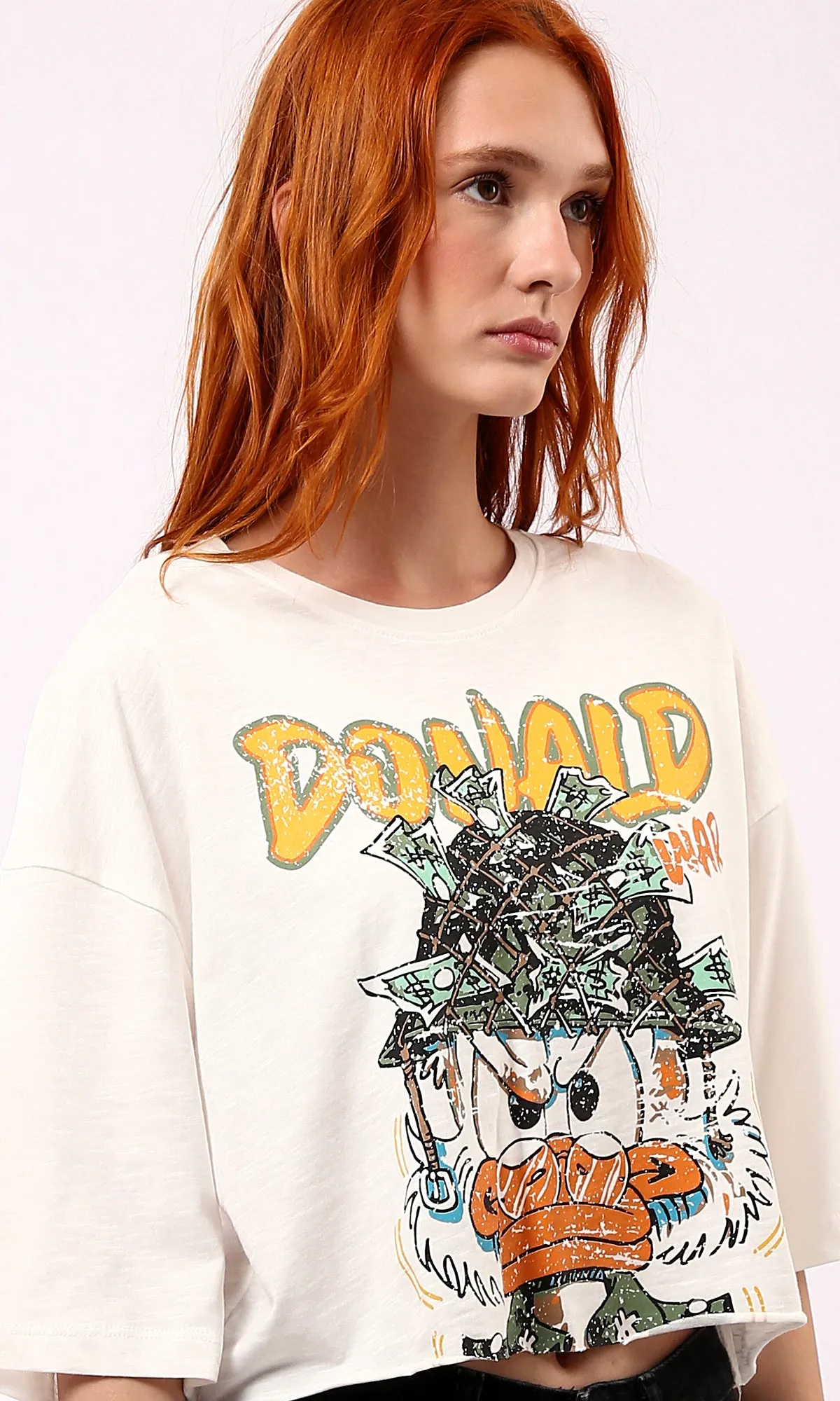 O181685 Donald Print Off-White Tee With Crew Neck