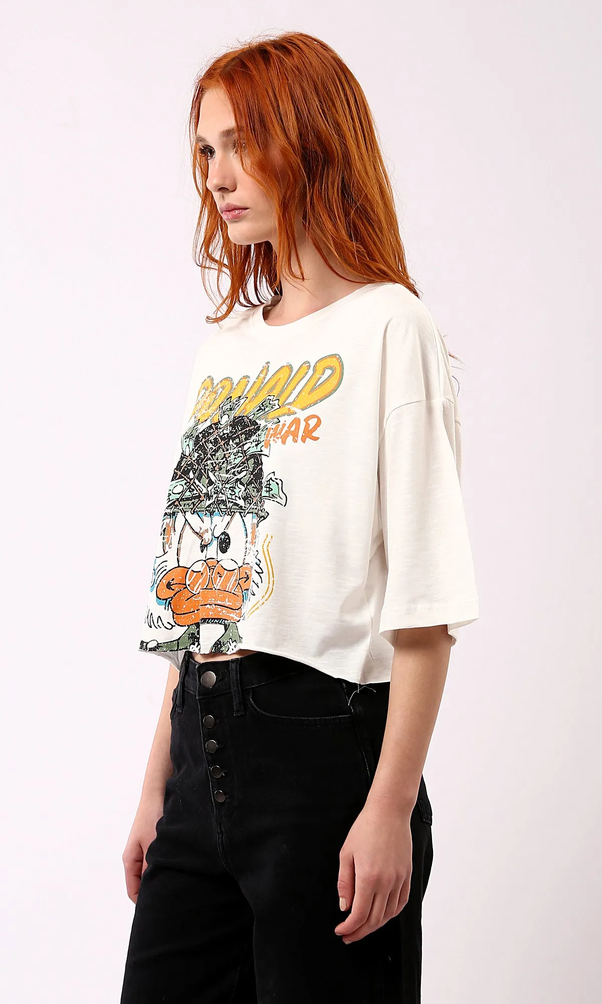 O181685 Donald Print Off-White Tee With Crew Neck