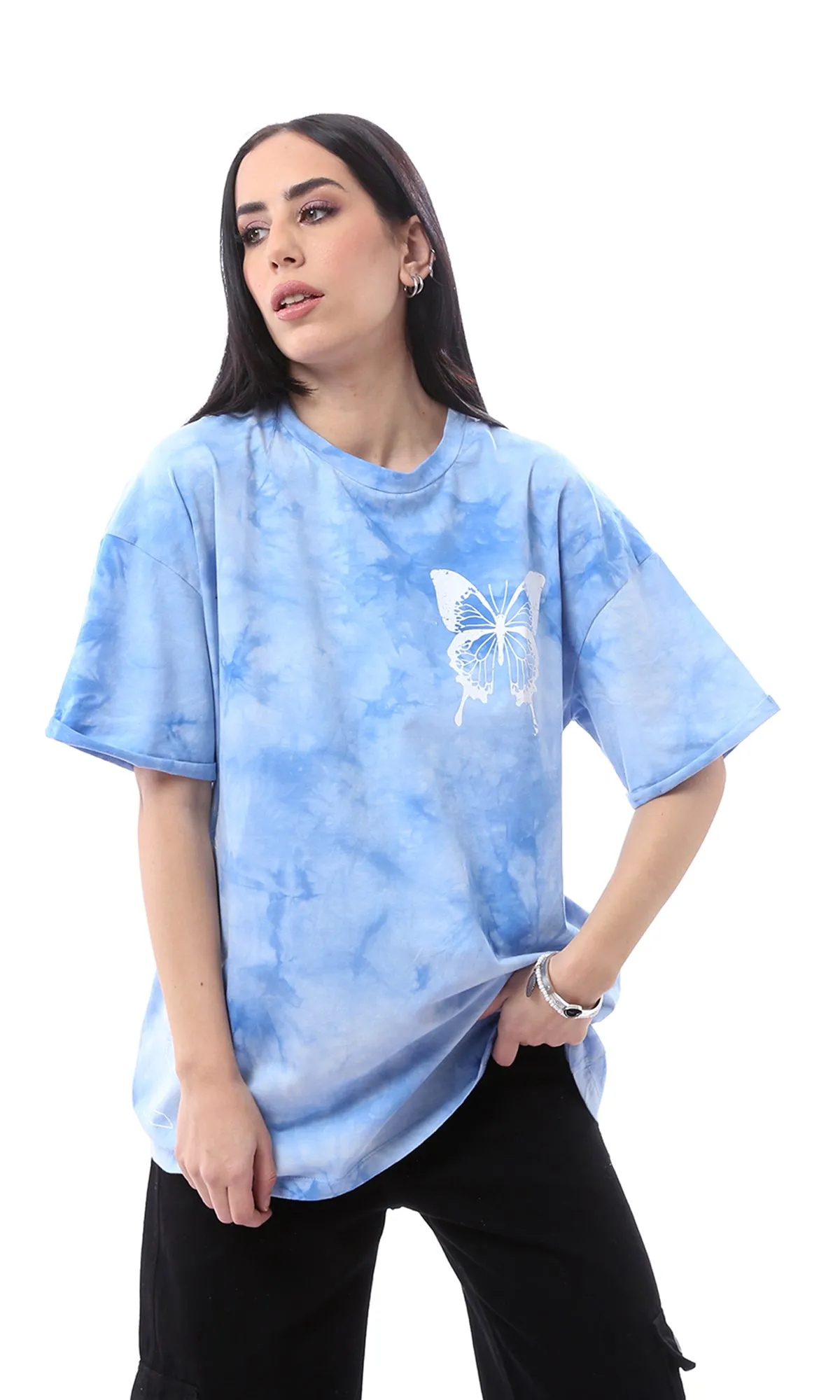 97616 Blue Shades Tie Dye Printed Butterfly Long Tee