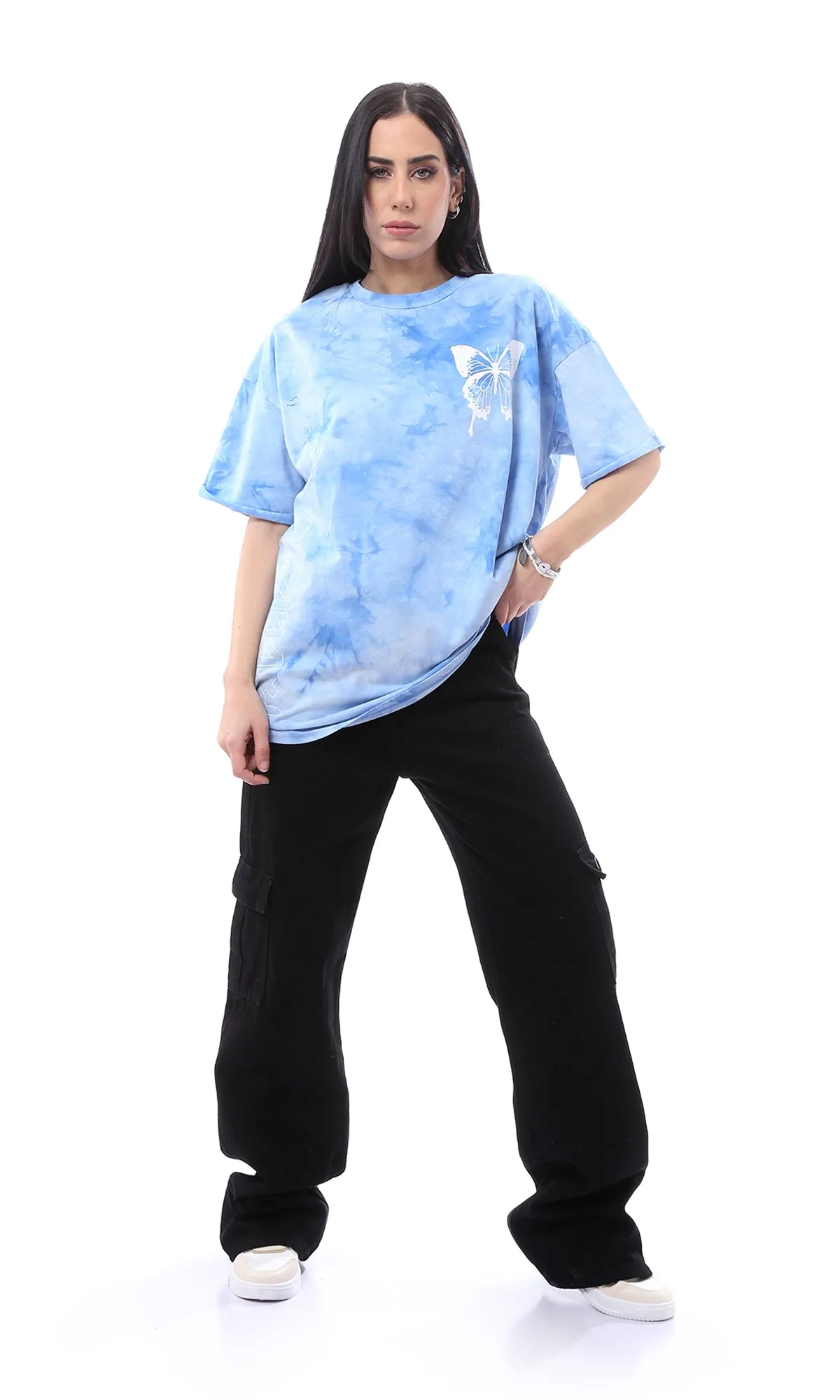 97616 Blue Shades Tie Dye Printed Butterfly Long Tee