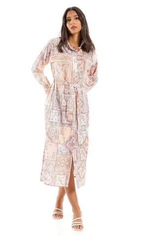 98195 Linen Full Sleeves Shirt Dress With Side Slits - Beige & Brown