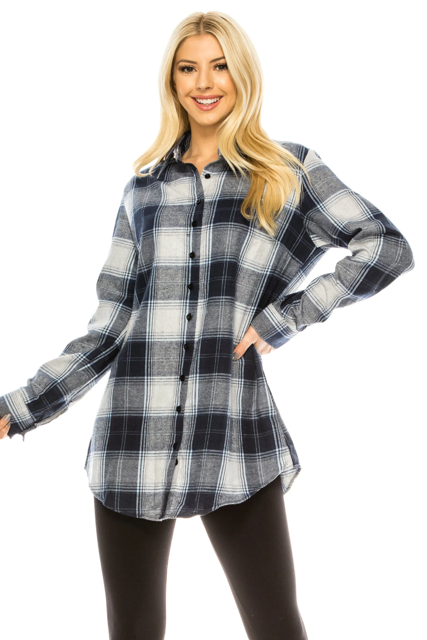 Haute Edition Women's Long Button Down Flannel Tunic Shirt with Plus