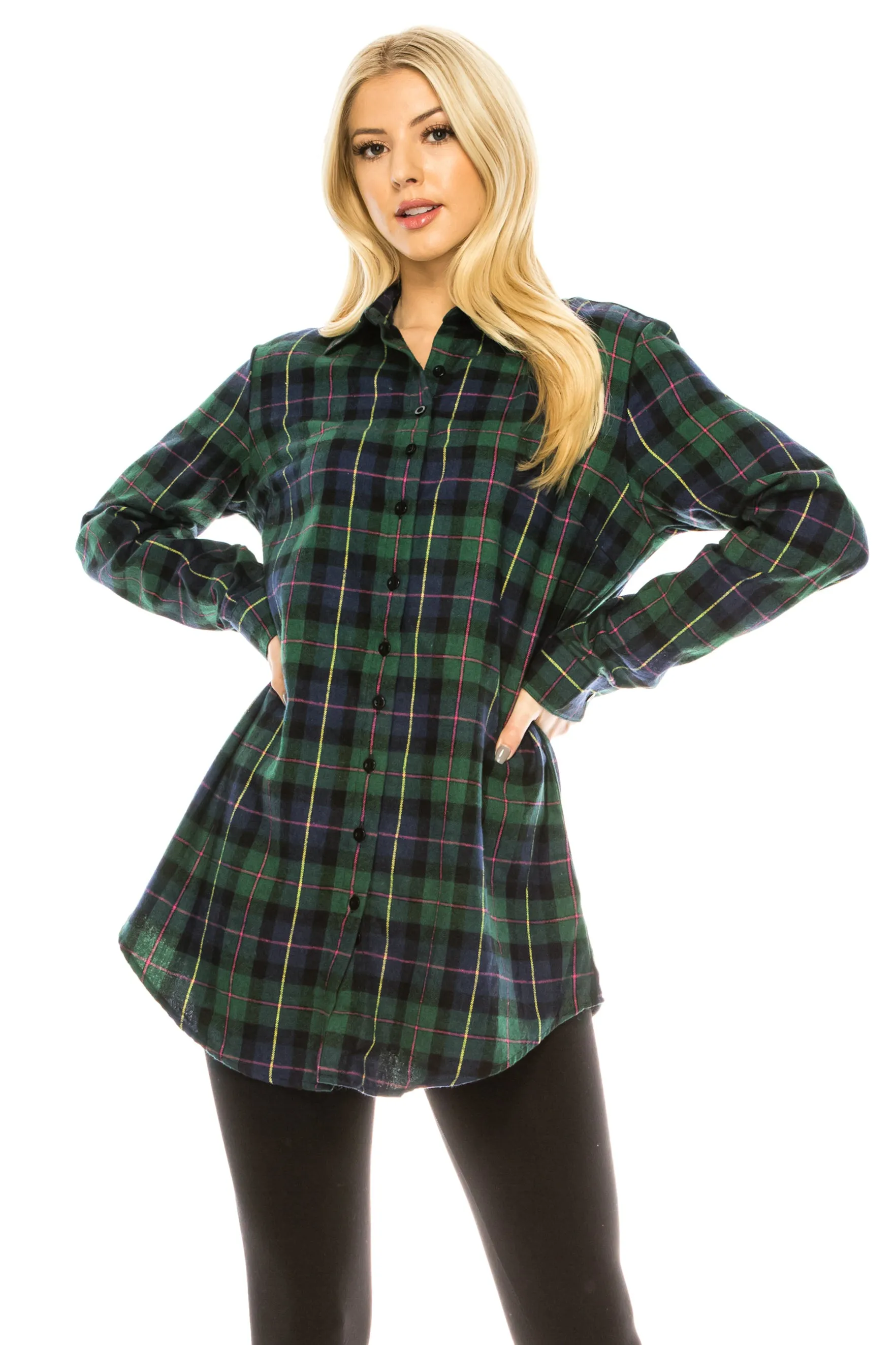 Haute Edition Women's Long Button Down Flannel Tunic Shirt with Plus