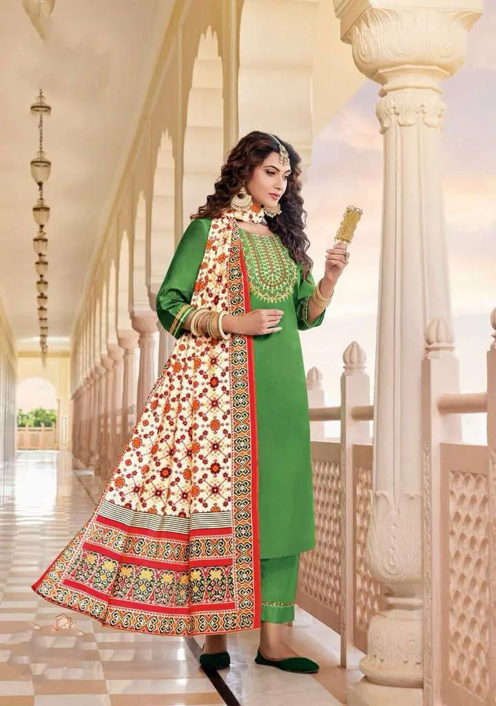 Alluring Green Colored Chanderi Silk Salwar Suits With Fancy Embroidey Work