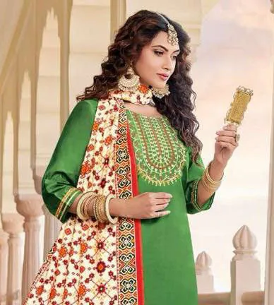 Alluring Green Colored Chanderi Silk Salwar Suits With Fancy Embroidey Work