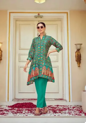 Alluring Teal Green Colored Floral Design Tusser Silk Kurti With Pant For Women