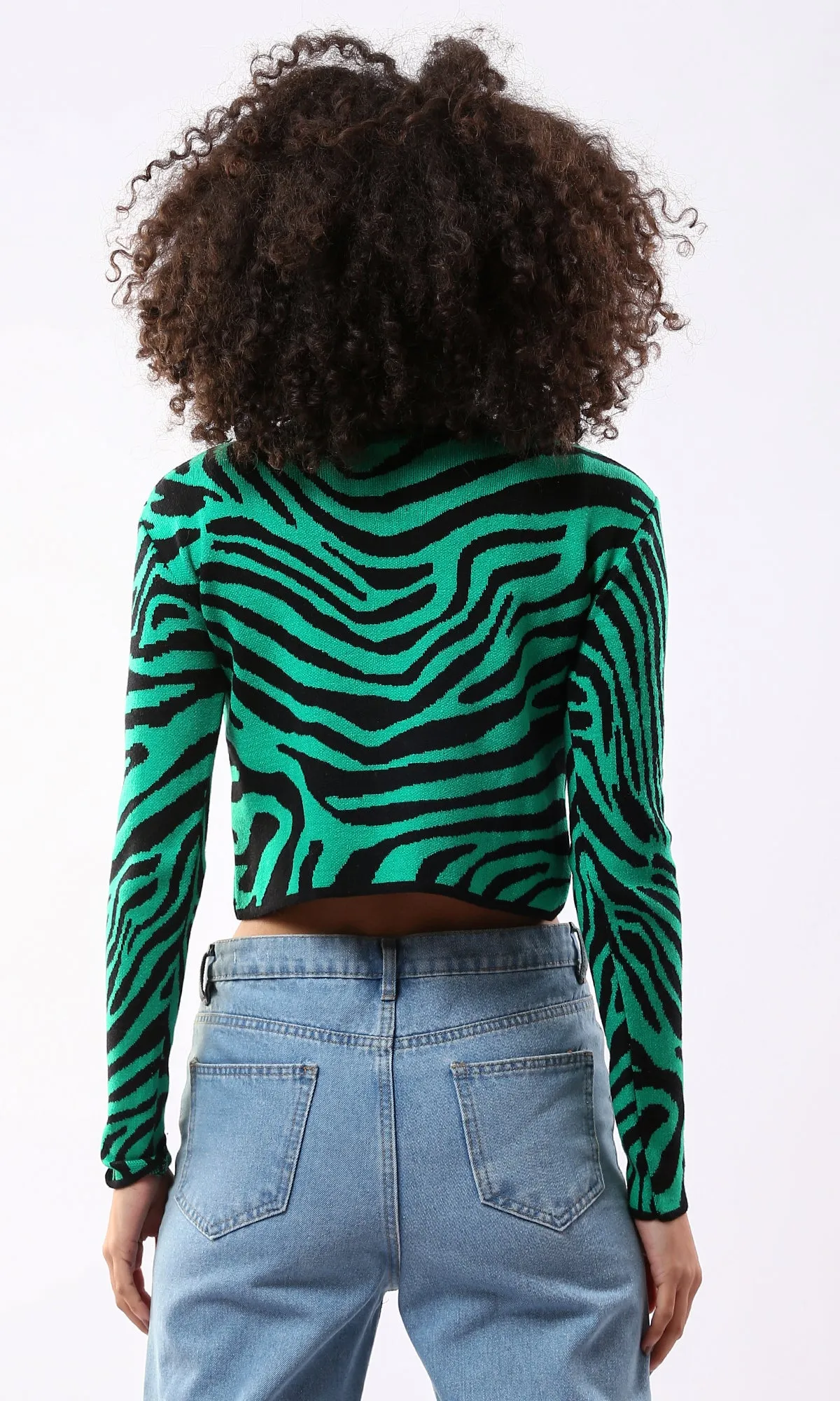 O173084 High-Neck Green & Black Zebra Short Pullover