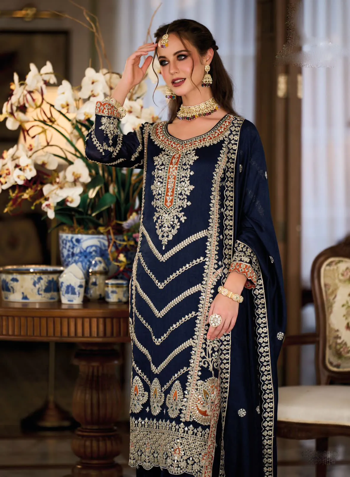 Appealing Dark Blue Color Premium Silk Designer Sharara Suits And Embroidery Work With Dupatta For Women