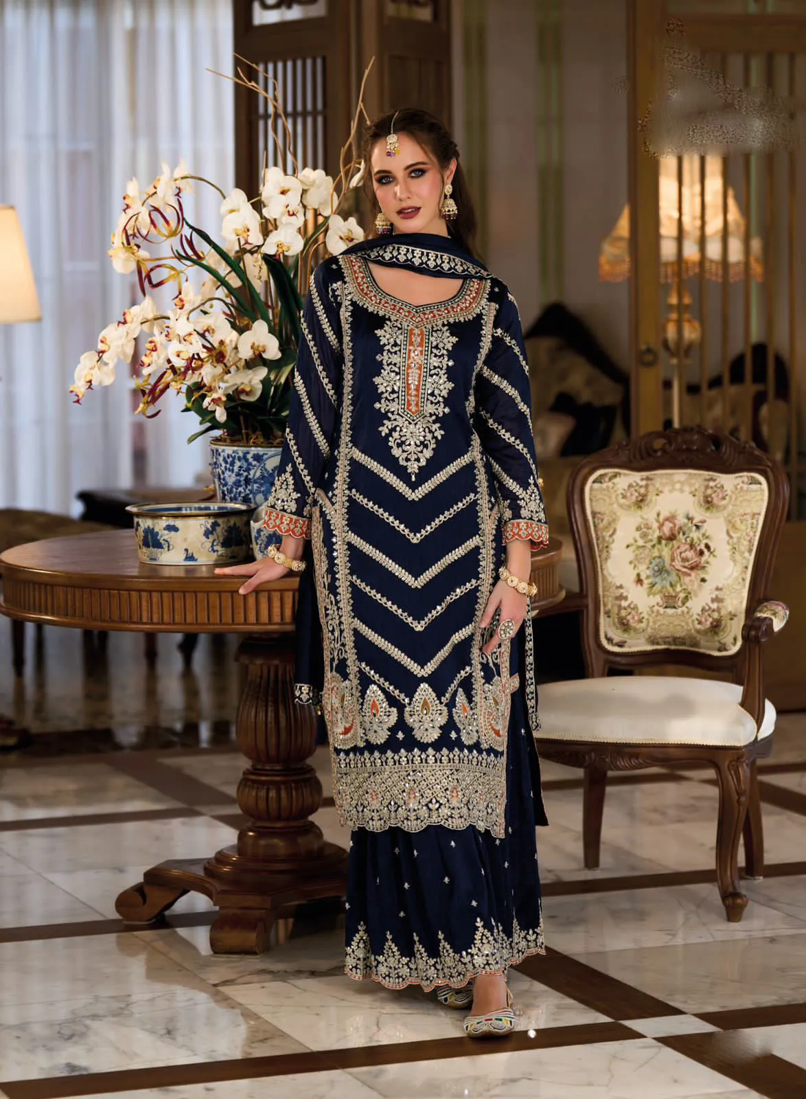 Appealing Dark Blue Color Premium Silk Designer Sharara Suits And Embroidery Work With Dupatta For Women