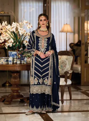 Appealing Dark Blue Color Premium Silk Designer Sharara Suits And Embroidery Work With Dupatta For Women