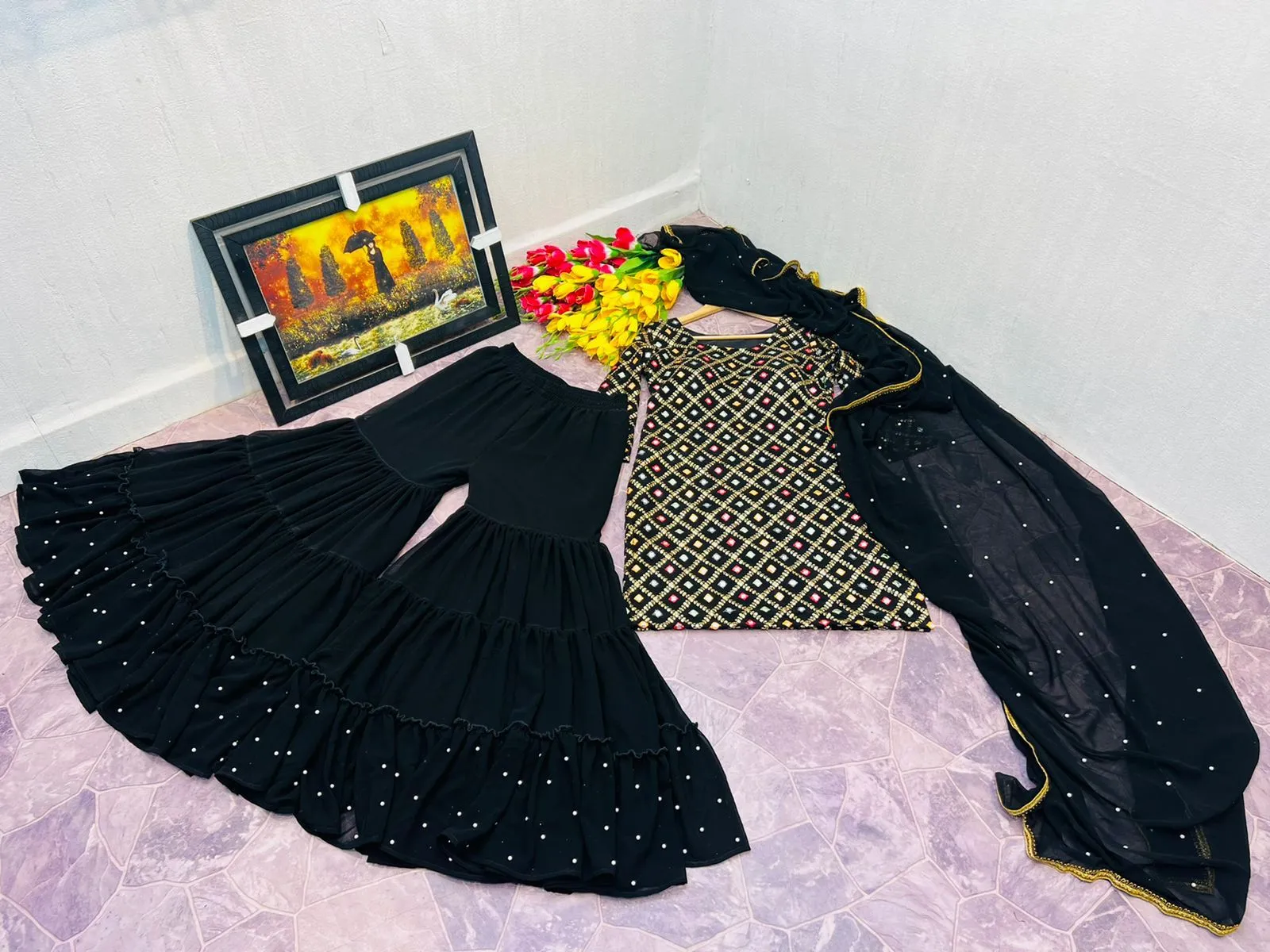 Attractive Black Georgette Sequins Embroidery Work Sharara Suit