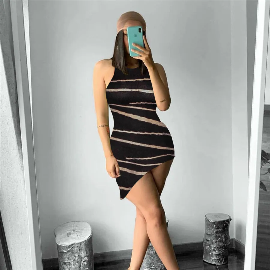 Bodycon Mini Dress Lace Striped Texture Slim Dress Casual Concise Sleeveless Women Casual Dresses