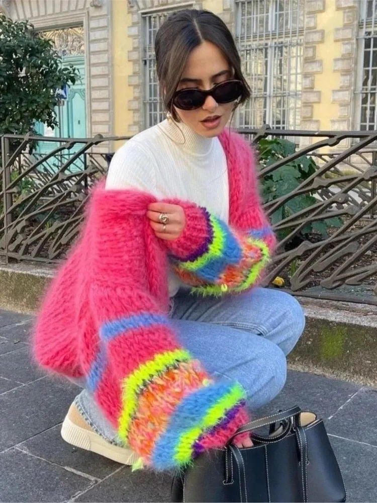 Womens Mohair Sweater Cardigans Women Striped Knit Splice Cardigans Autumn Winter