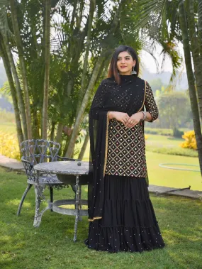 Attractive Black Georgette Sequins Embroidery Work Sharara Suit