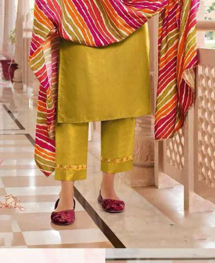 Attractive Mustard Yellow Colored Chanderi Silk Straight Salwar Suits With Muslin Printed Dupatta For Women