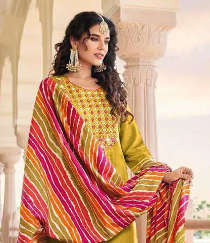 Attractive Mustard Yellow Colored Chanderi Silk Straight Salwar Suits With Muslin Printed Dupatta For Women