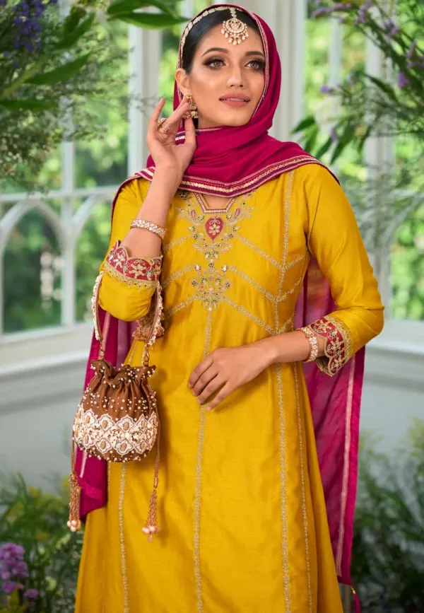 Attractive Yellow Color Premium Silk Embroidery Kurti With Dupatta