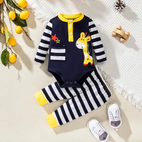 Baby Boys Cute Cartoon Giraffe Striped Print Jumpsuit Pants Set