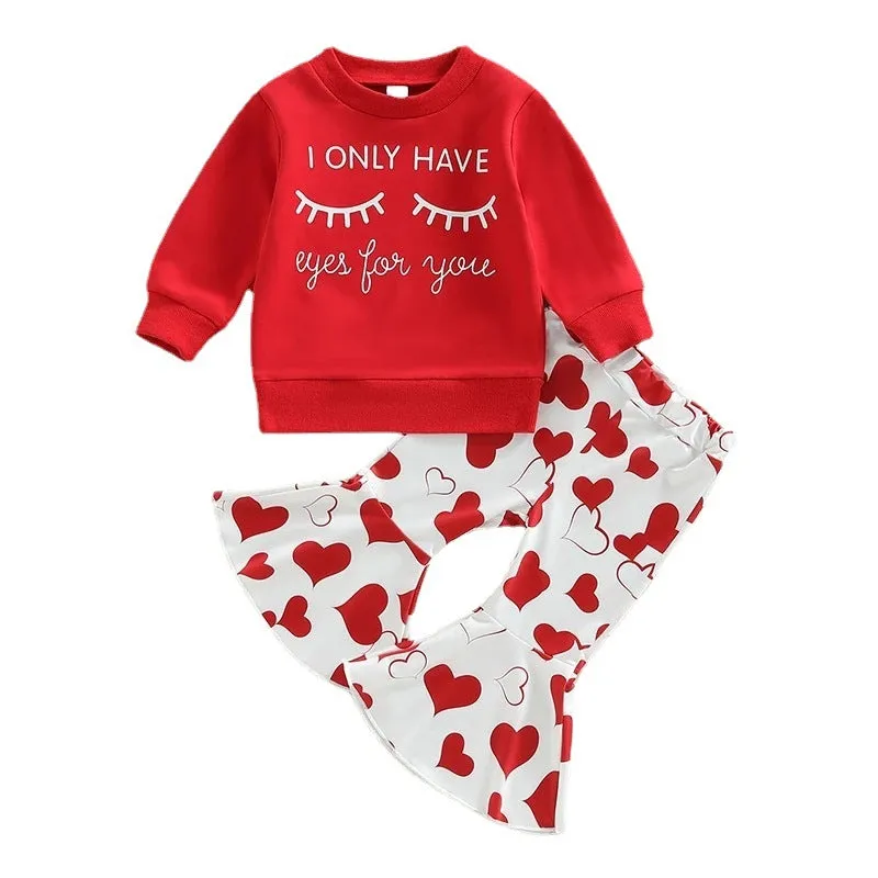 Valentine's Day Children's Clothing 2-Piece Alphabet Long Sleeve Sweatshirt T-shirt Love Bell Pants Set