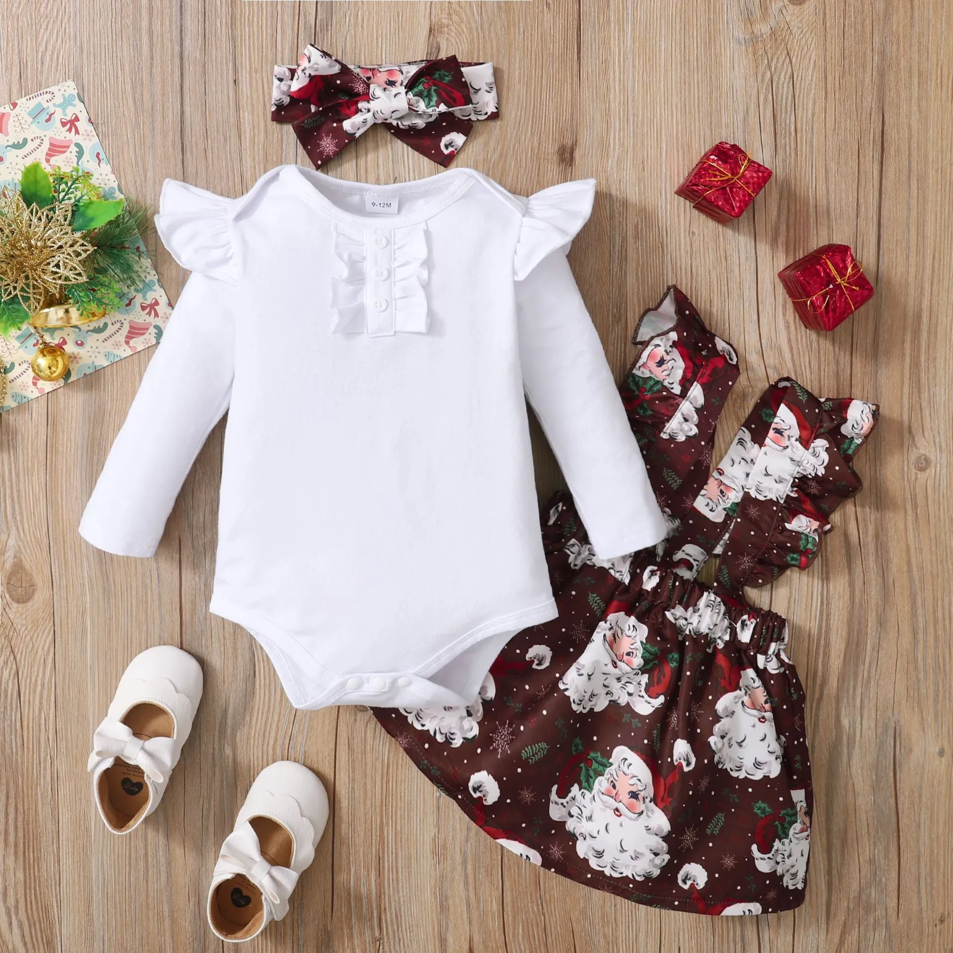 2 Pieces Set Baby Girls Christmas Solid Color Print Rompers And Cartoon Dresses Wholesale 23101525