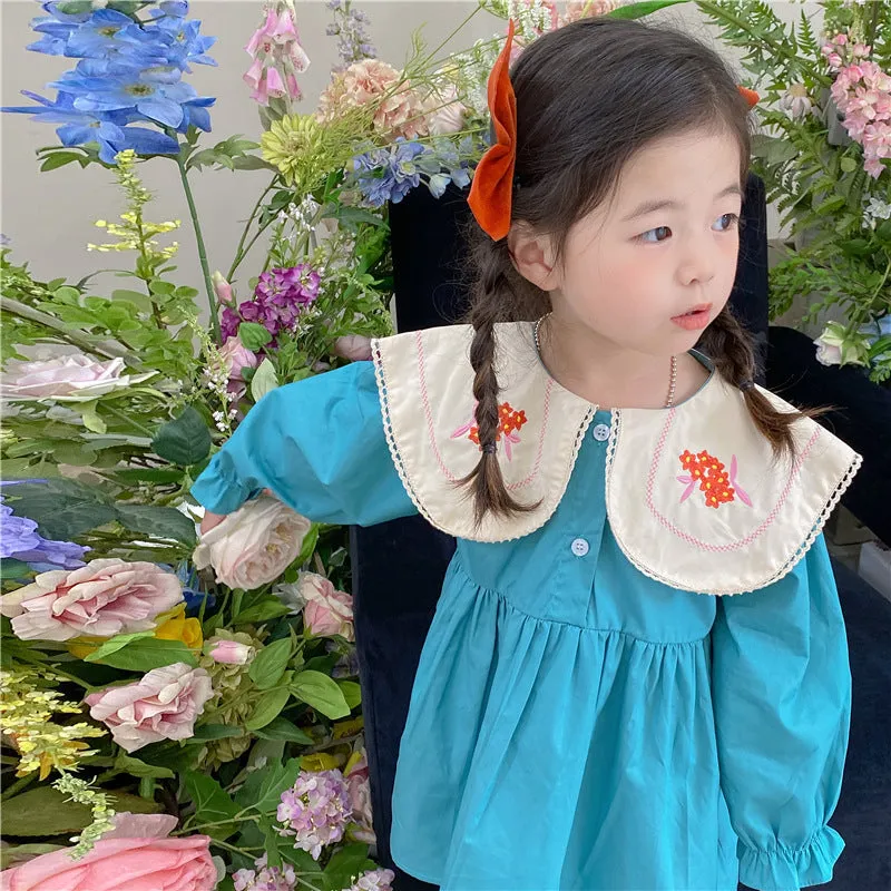 Baby Kid Girls Color-blocking Flower Embroidered Dresses