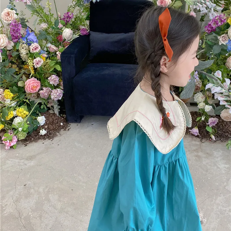 Baby Kid Girls Color-blocking Flower Embroidered Dresses