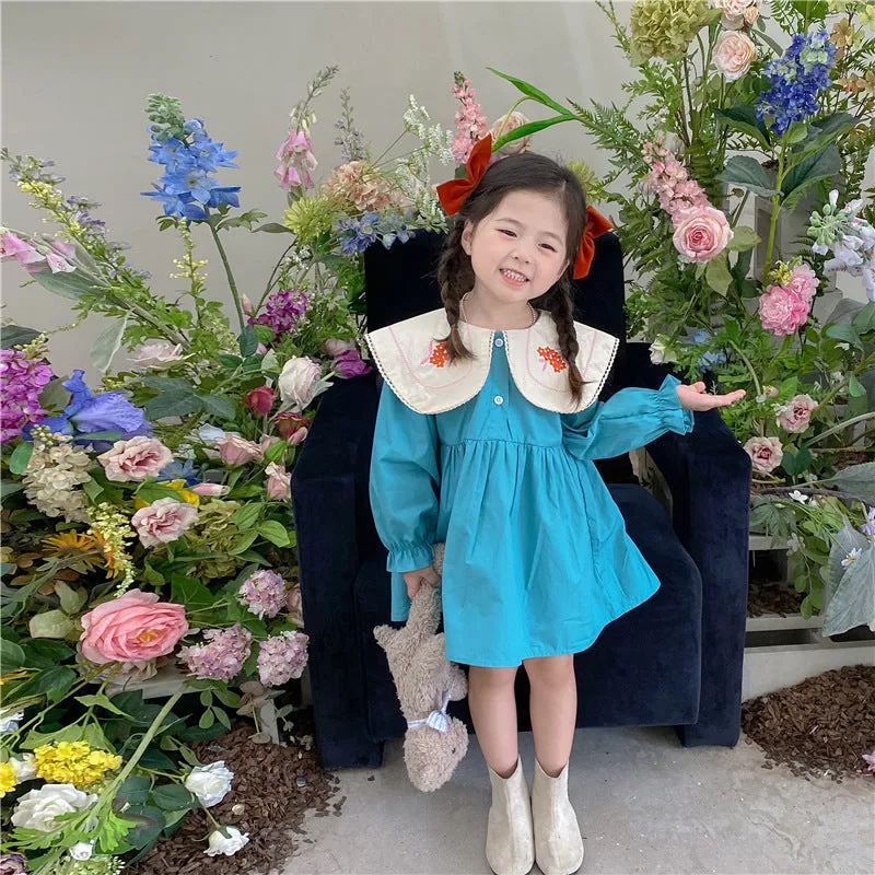 Baby Kid Girls Color-blocking Flower Embroidered Dresses