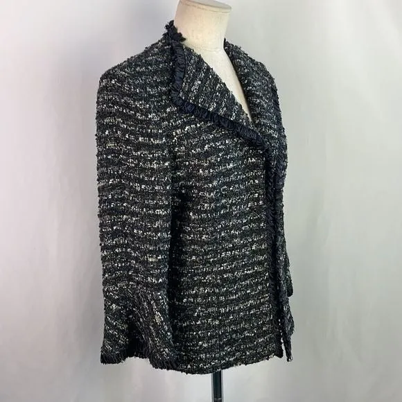 Lafayette148 Black Tweed Ribbon Trim Open Front Jacket