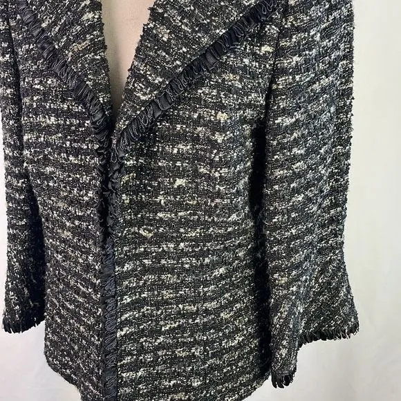 Lafayette148 Black Tweed Ribbon Trim Open Front Jacket