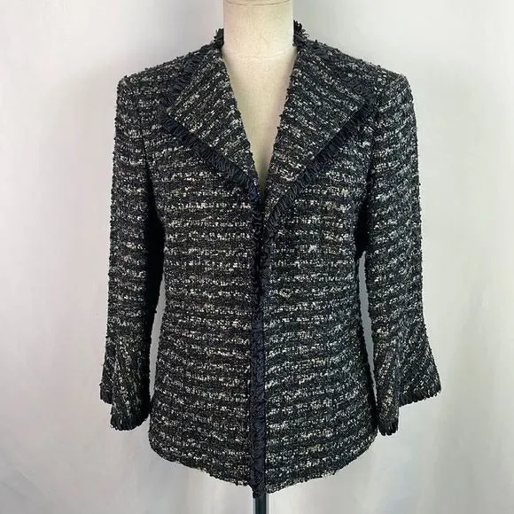 Lafayette148 Black Tweed Ribbon Trim Open Front Jacket