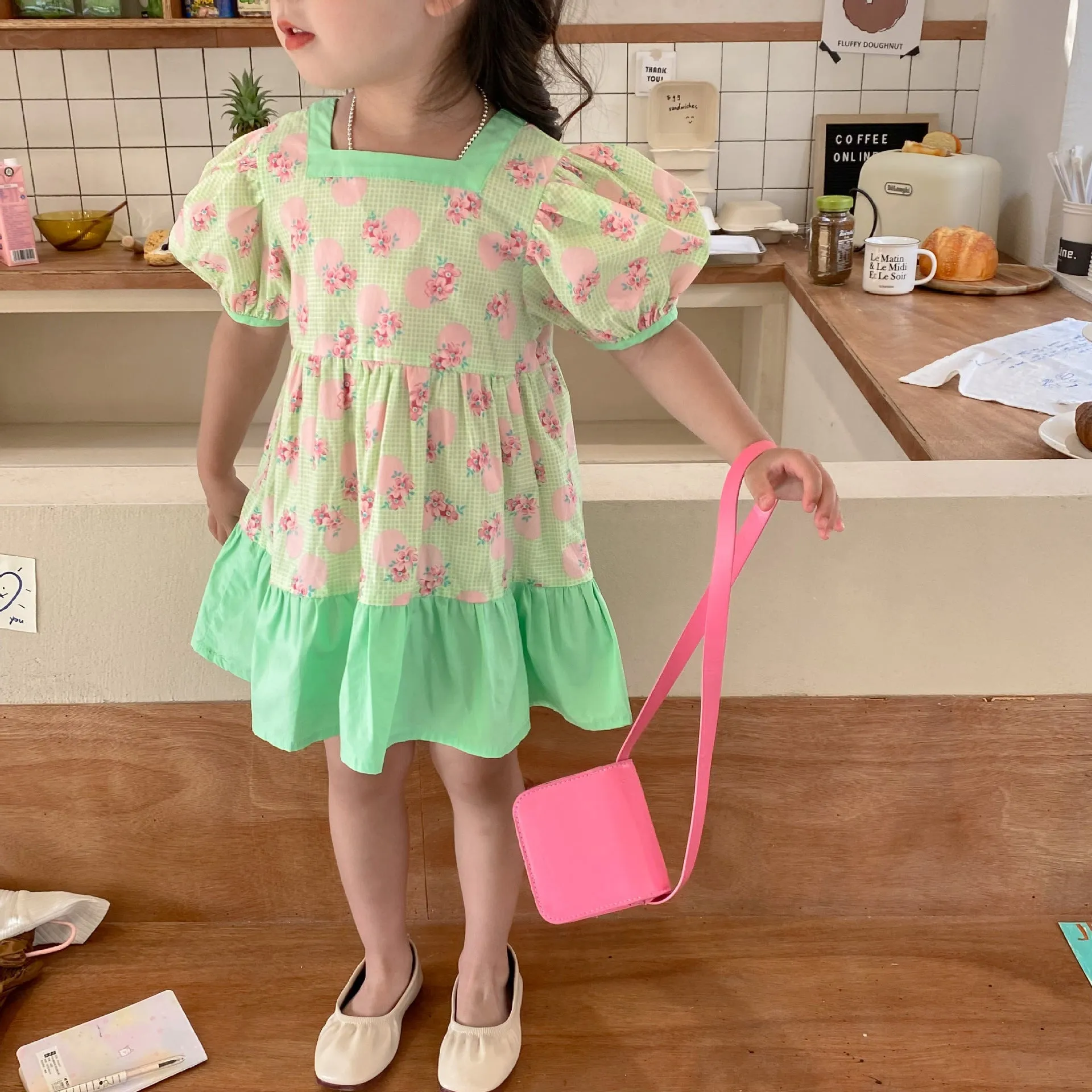 Baby Kid Girls Color-blocking Flower Print Dresses