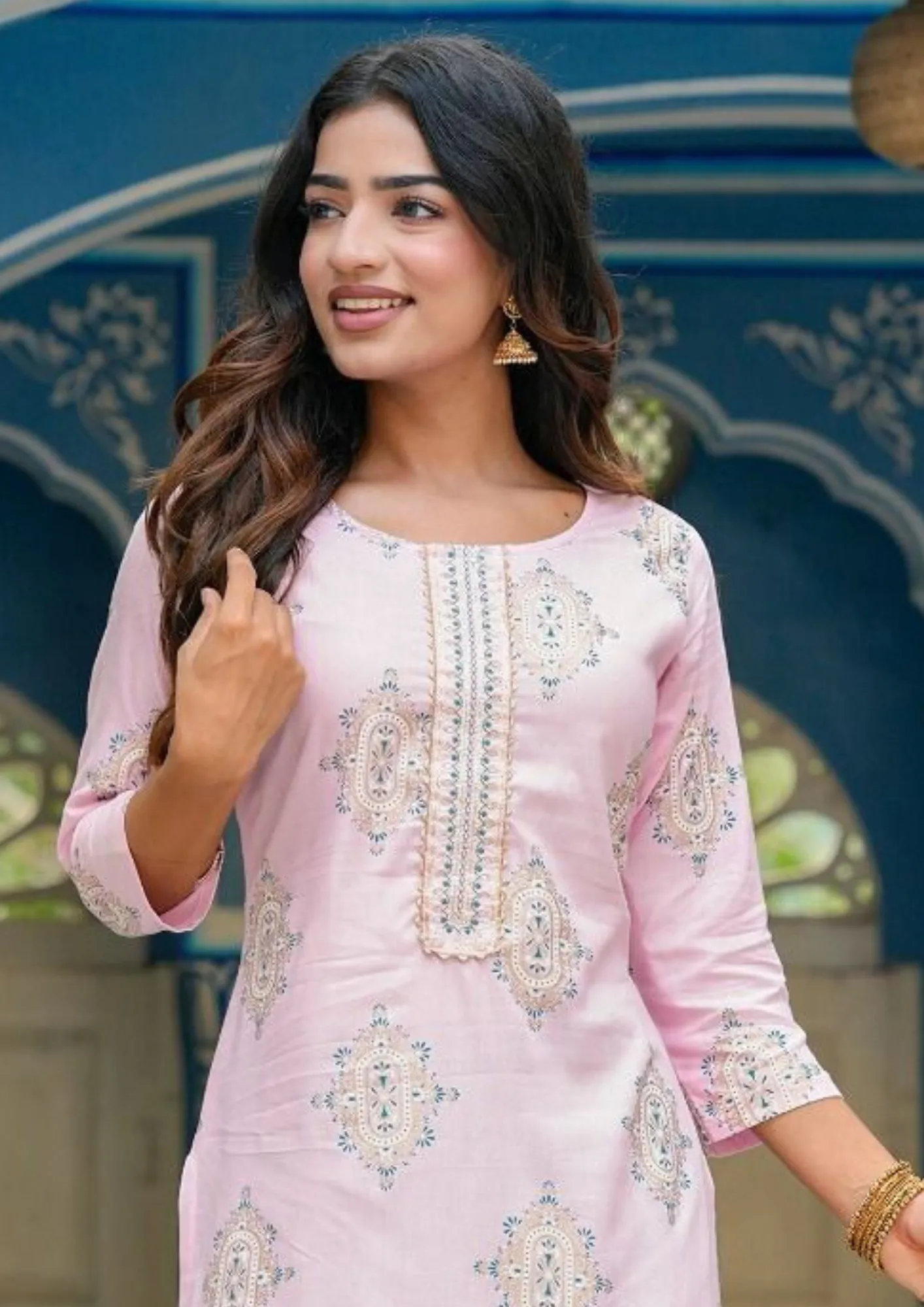 Beautiful Light Pink Colored Fancy Embroidery Work With Rayon Kurti