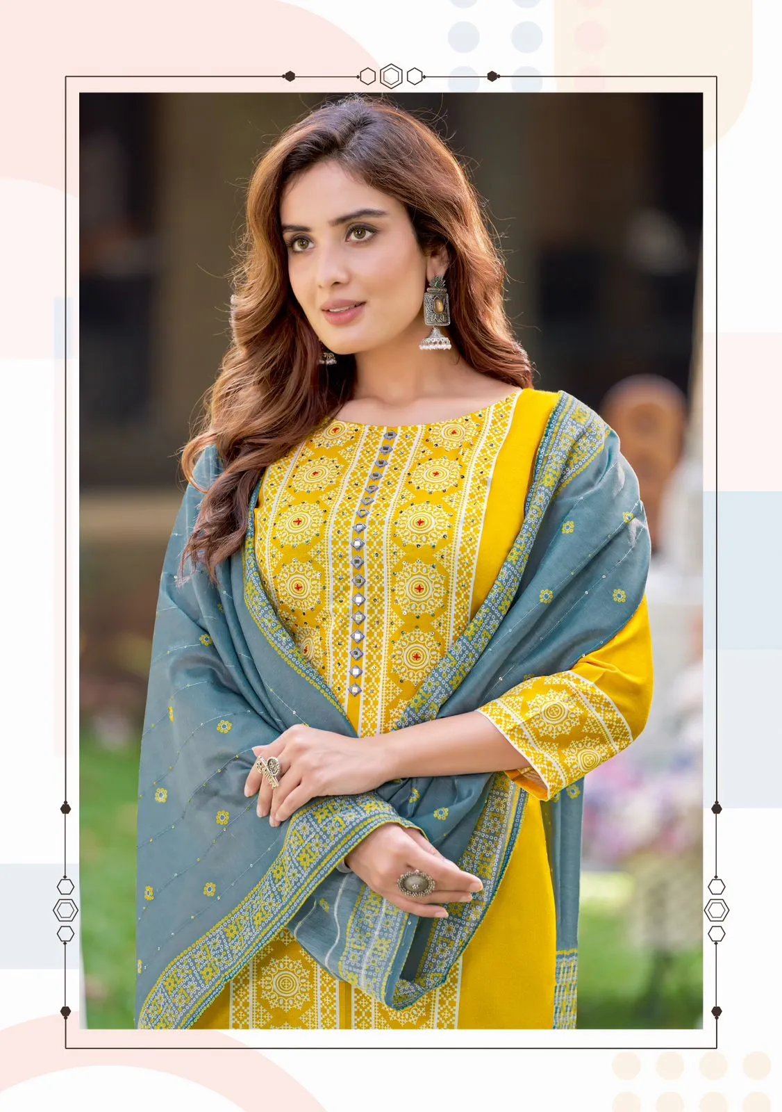 Beautiful Rayon Printed Hand work And Embroidery Work Yellow Colored Kurti With Dupatta Sets