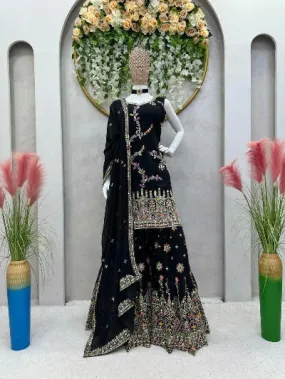 Black Georgette Thread Sequence & Mirror Work Sharara Suit Set