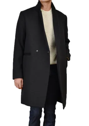 Black Hidden Button Double Breasted Long Coats Mens Winter Plain Basic