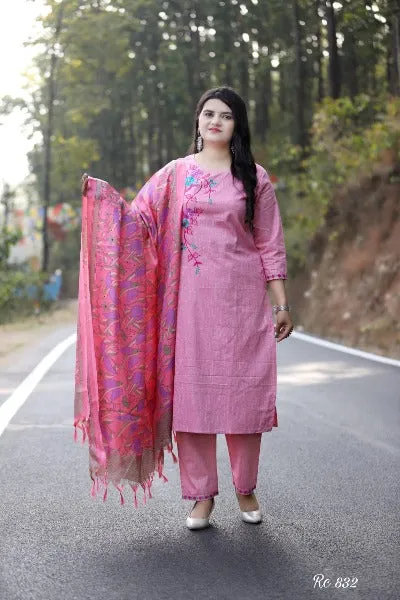 Pink Cotton Salwar Suit Set With Art Silk Dupatta