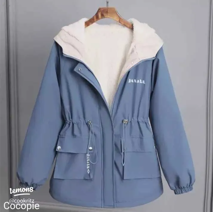 New Women Jackets Zipper Pockets Casual Long Sleeves Coats Winter Hooded Jacket XL B-41495