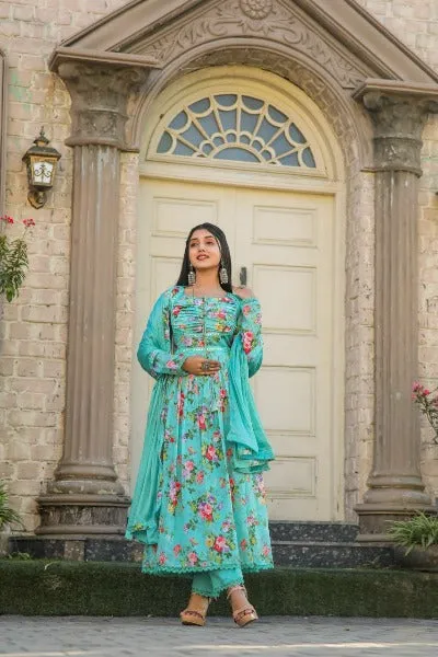 Aqua Blue Chinon Floral Print Anarkali Suit Set