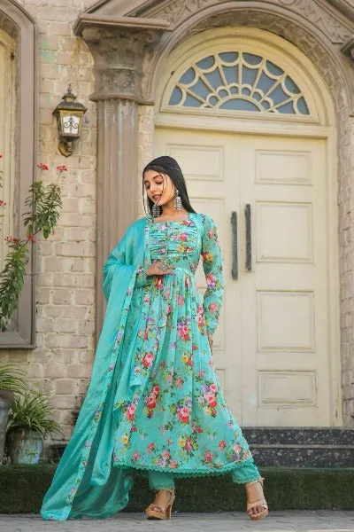 Aqua Blue Chinon Floral Print Anarkali Suit Set