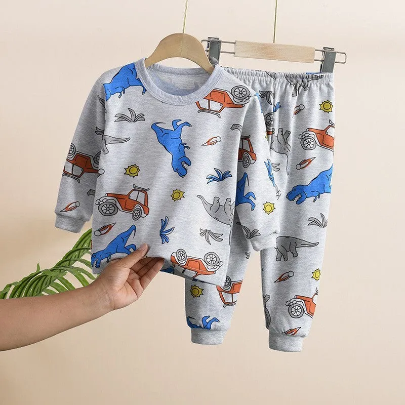 Kids Boys Girls Solid Color Cute Animal Print Long-sleeved Trousers Pajamas Set