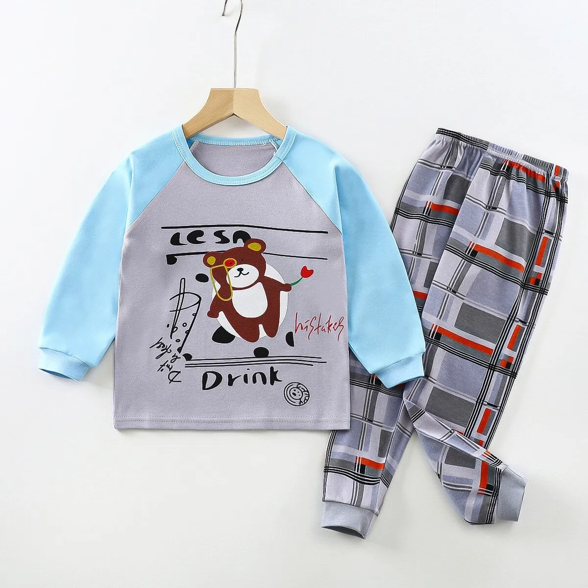 Kids Boys Girls Solid Color Cute Animal Print Long-sleeved Trousers Pajamas Set