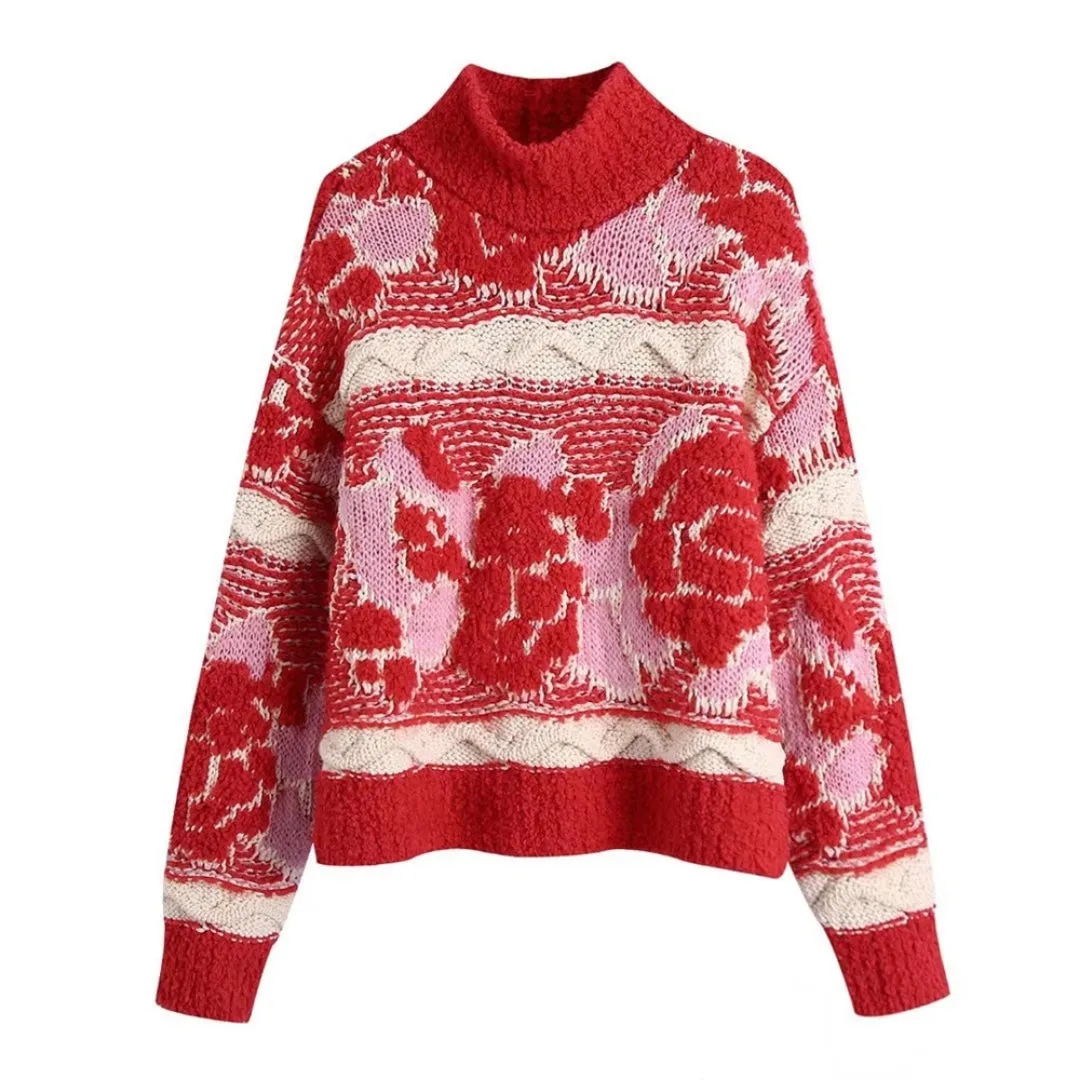 Women Winter Jacquard Knitted Short Red Sweater Pullover Loose Sweaters Jumper